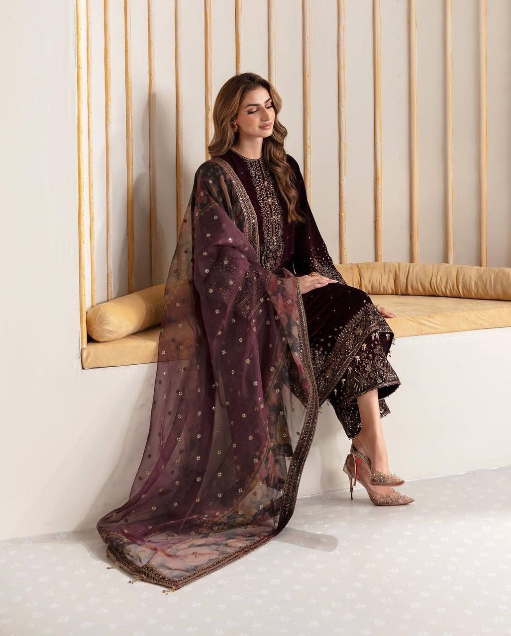 Maroon Premium Designer Party Wear Viscose Velvet Top, Plazzo & Dupatta Set – Elegant Festive Look