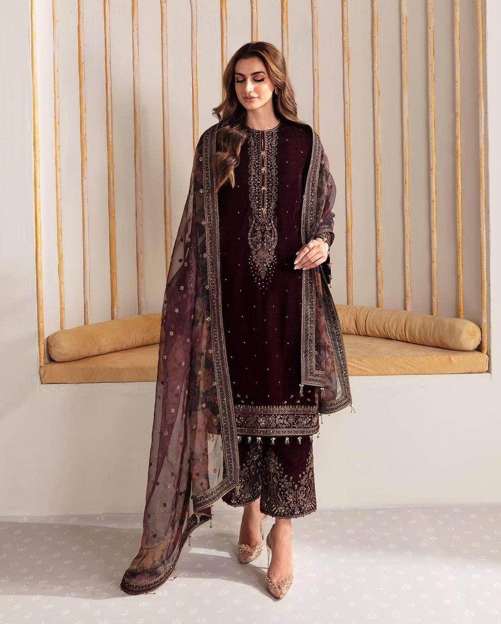 Maroon Premium Designer Party Wear Viscose Velvet Top, Plazzo & Dupatta Set – Elegant Festive Look