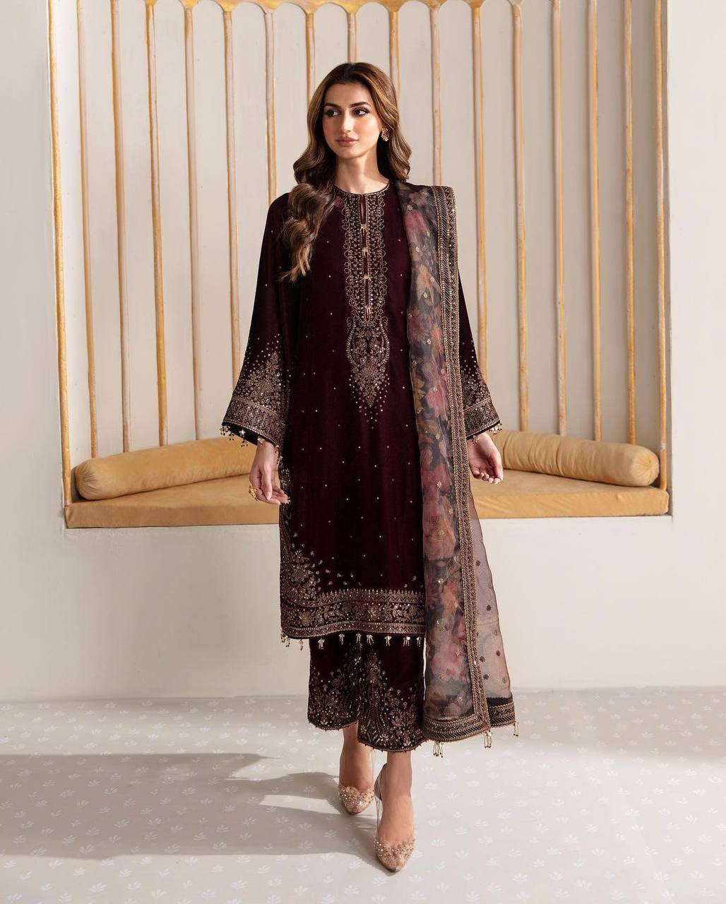 Maroon Premium Designer Party Wear Viscose Velvet Top, Plazzo & Dupatta Set – Elegant Festive Look