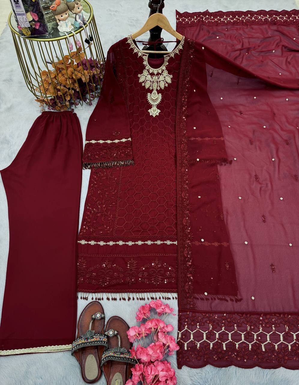 Maroon Premium Designer Ready-Made Party Wear Top, Plazzo & Dupatta Set