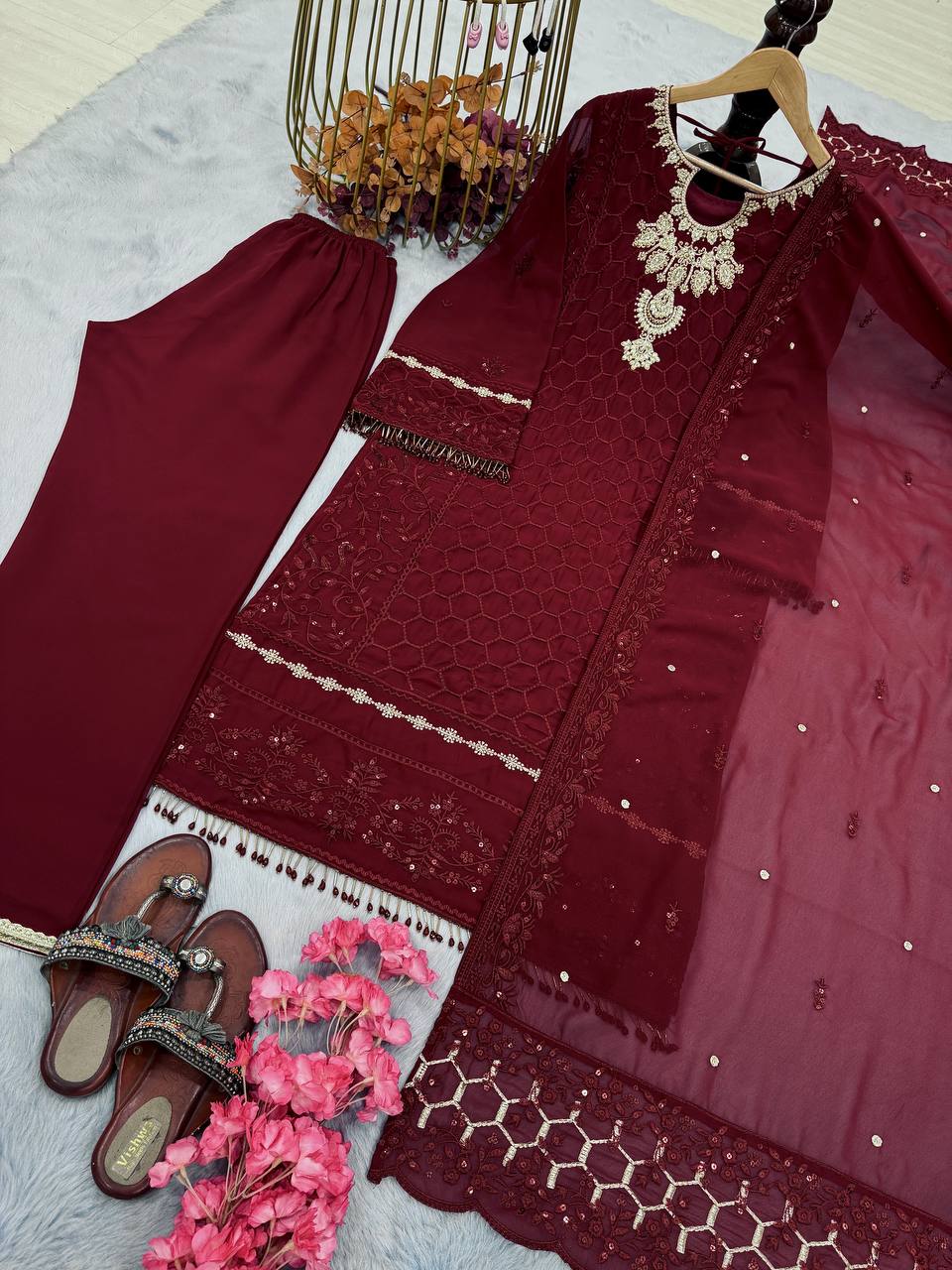 Maroon Premium Designer Ready-Made Party Wear Top, Plazzo & Dupatta Set