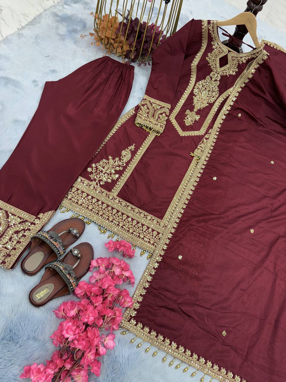 Maroon Premium Designer Ready-to-Wear Top, Plazzo & Dupatta Set