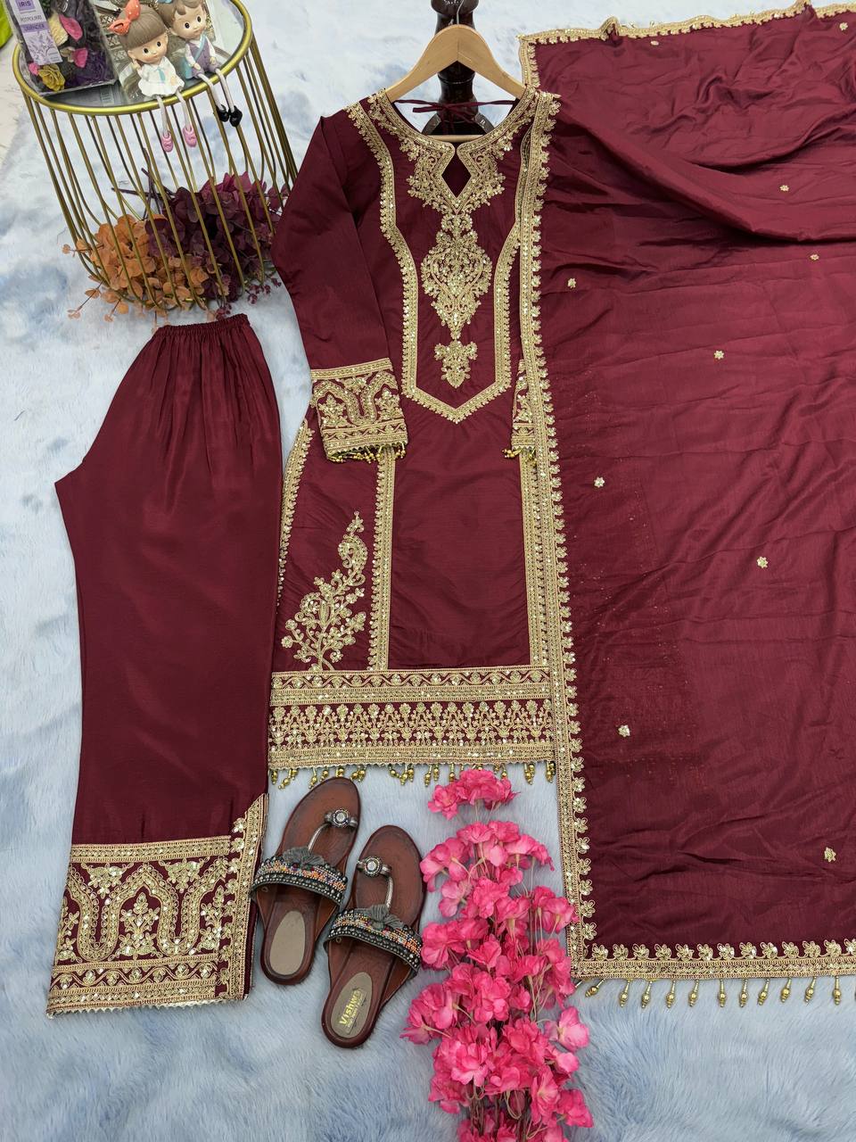 Maroon Premium Designer Ready-to-Wear Top, Plazzo & Dupatta Set