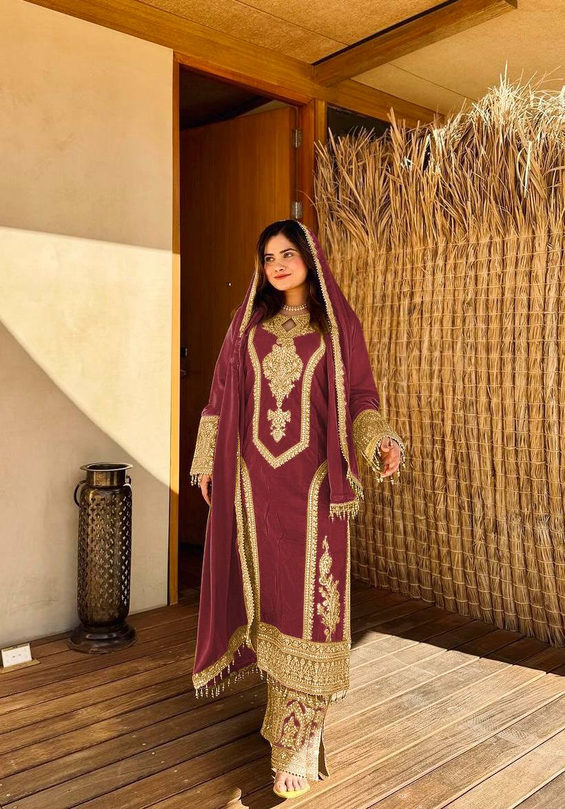 Maroon Premium Designer Ready-to-Wear Top, Plazzo & Dupatta Set
