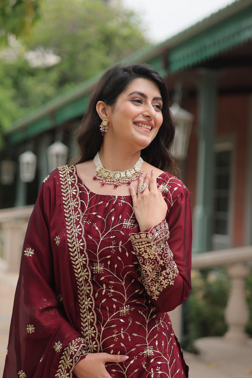 Maroon Premium Designer Readymade Kurti-Plazzo-Dupatta Set