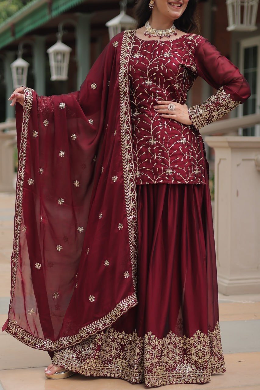 Maroon Premium Designer Readymade Kurti-Plazzo-Dupatta Set