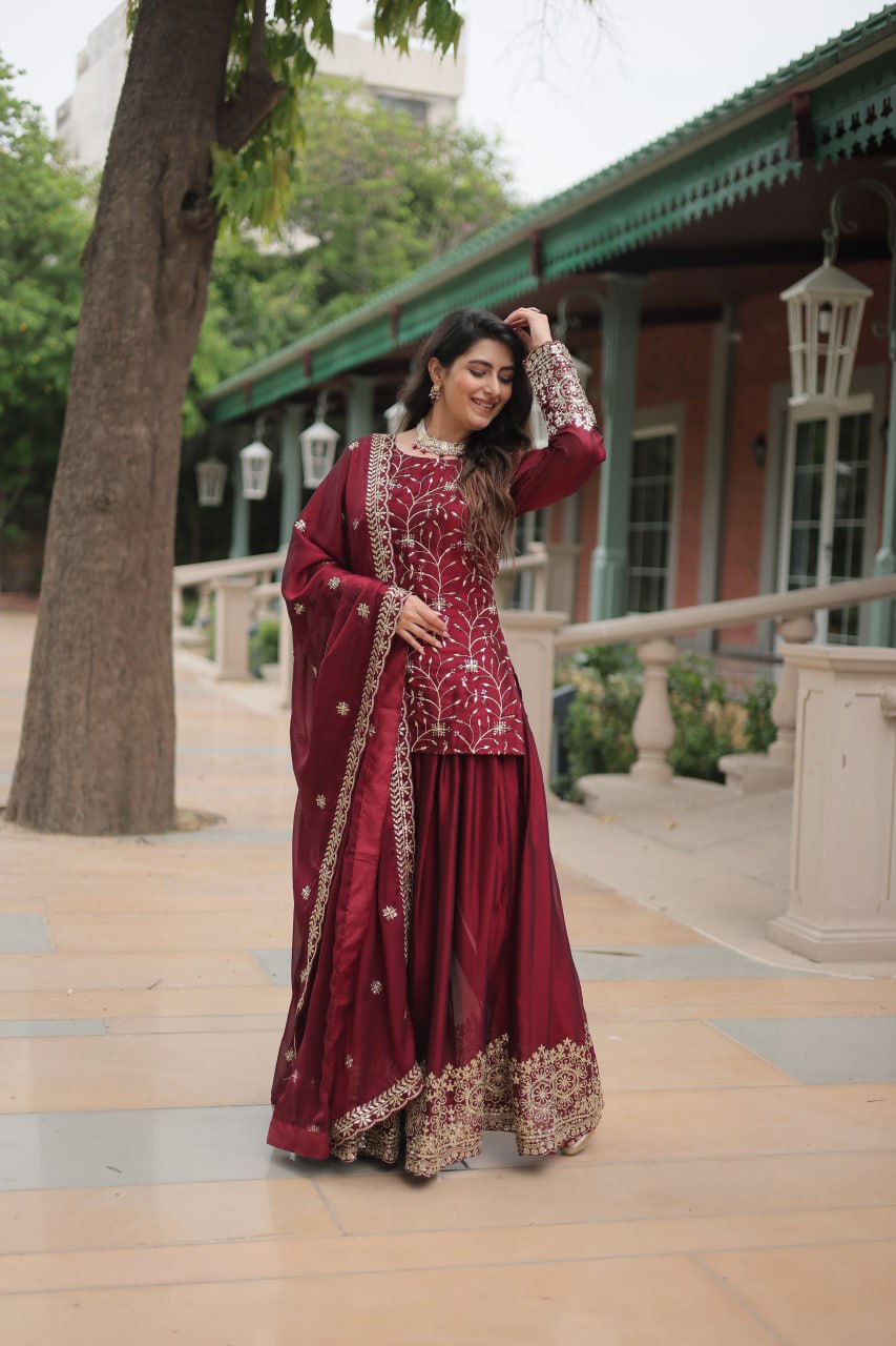 Maroon Premium Designer Readymade Kurti-Plazzo-Dupatta Set