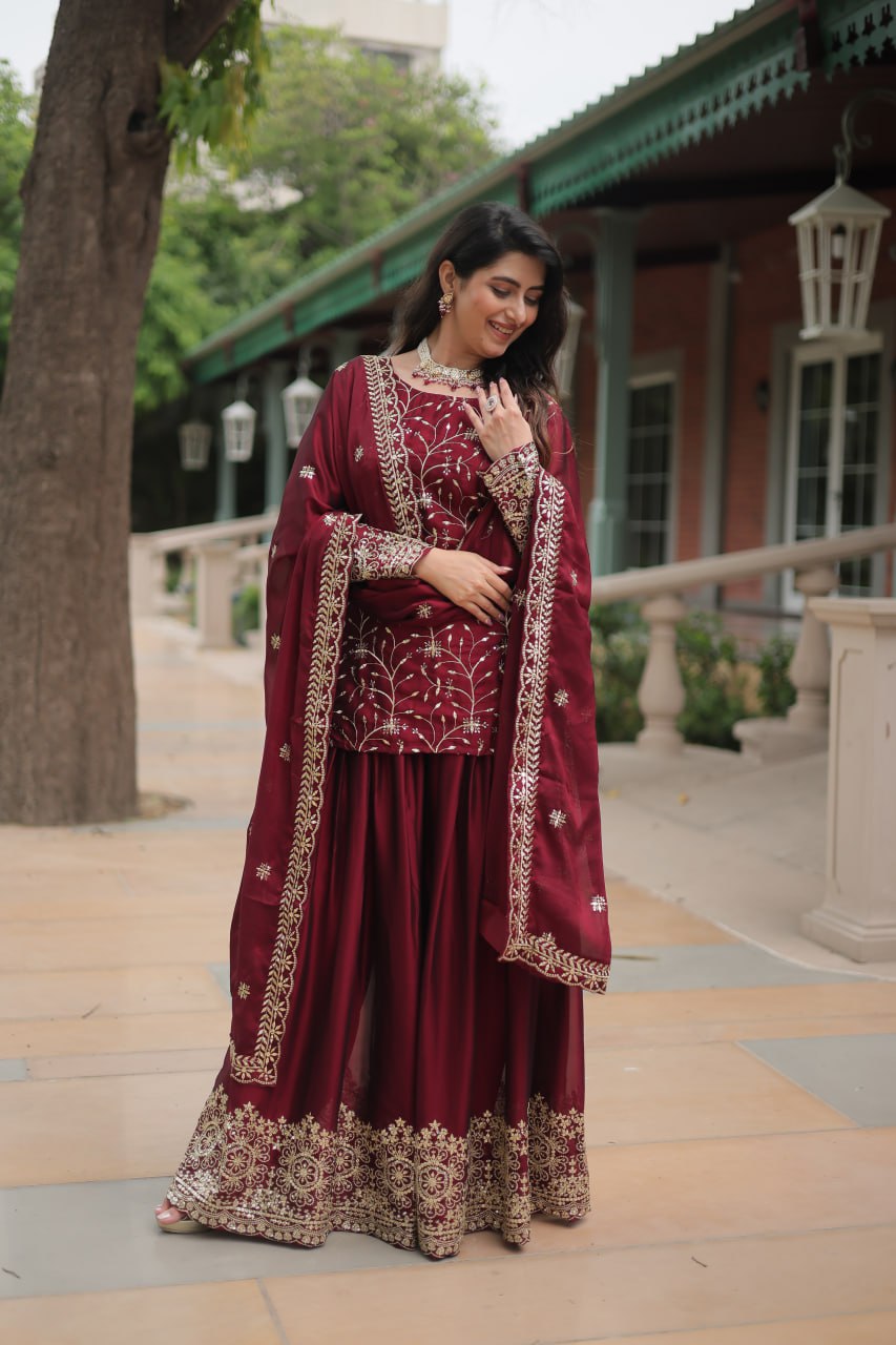 Maroon Premium Designer Readymade Kurti-Plazzo-Dupatta Set