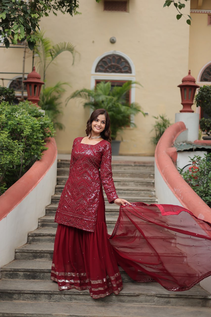 Maroon Premium Designer Readymade Sharara Suit with Dupatta - Elegant & Stylish