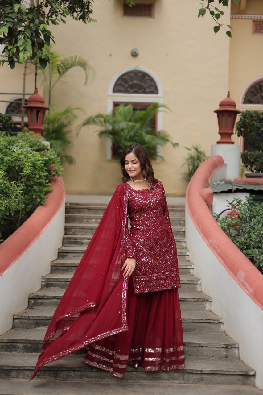 Maroon Premium Designer Readymade Sharara Suit with Dupatta - Elegant & Stylish