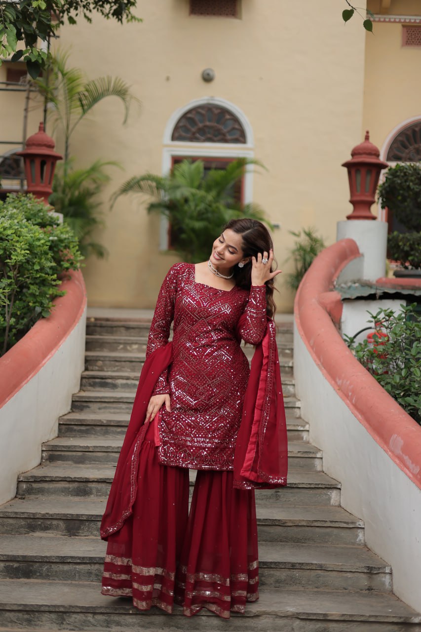 Maroon Premium Designer Readymade Sharara Suit with Dupatta - Elegant & Stylish