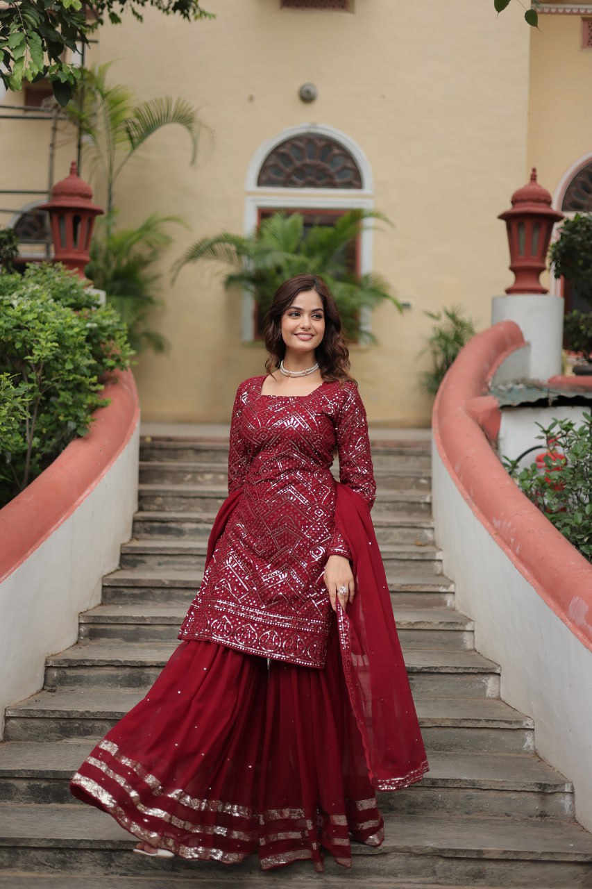 Maroon Premium Designer Readymade Sharara Suit with Dupatta - Elegant & Stylish