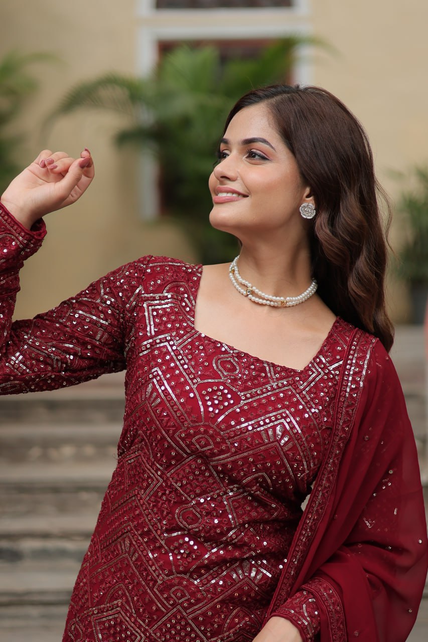 Maroon Premium Designer Readymade Sharara Suit with Dupatta - Elegant & Stylish