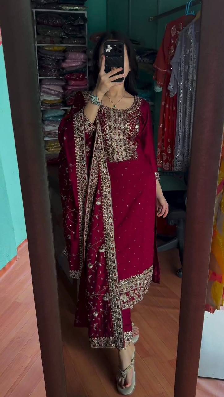 Maroon Premium Designer Readymade Suit Set Heavy Chinon Silk