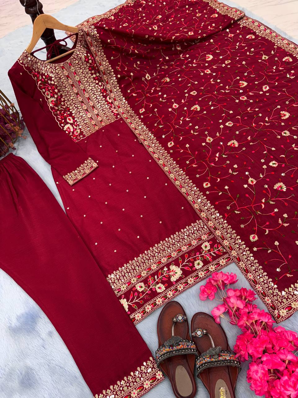 Maroon Premium Designer Readymade Suit Set Heavy Chinon Silk