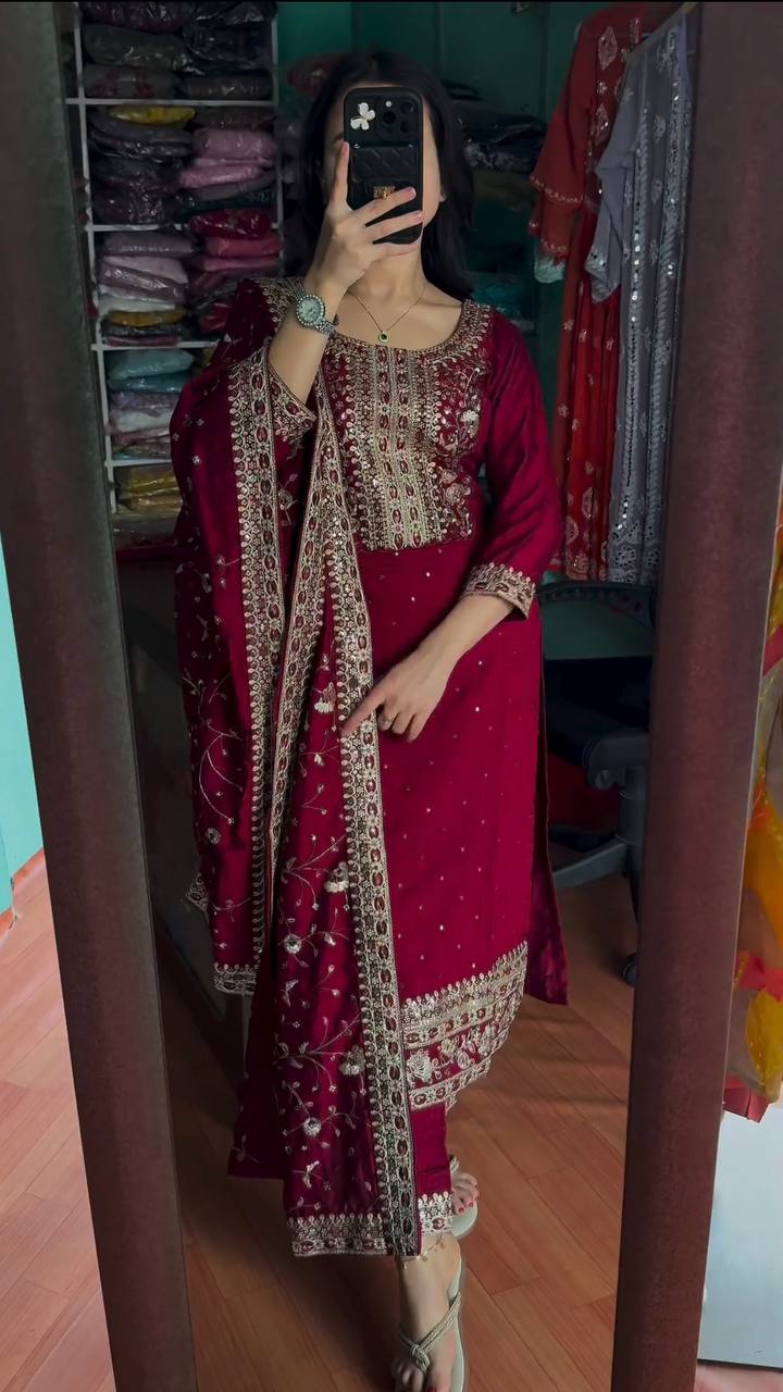 Maroon Premium Designer Readymade Suit Set Heavy Chinon Silk