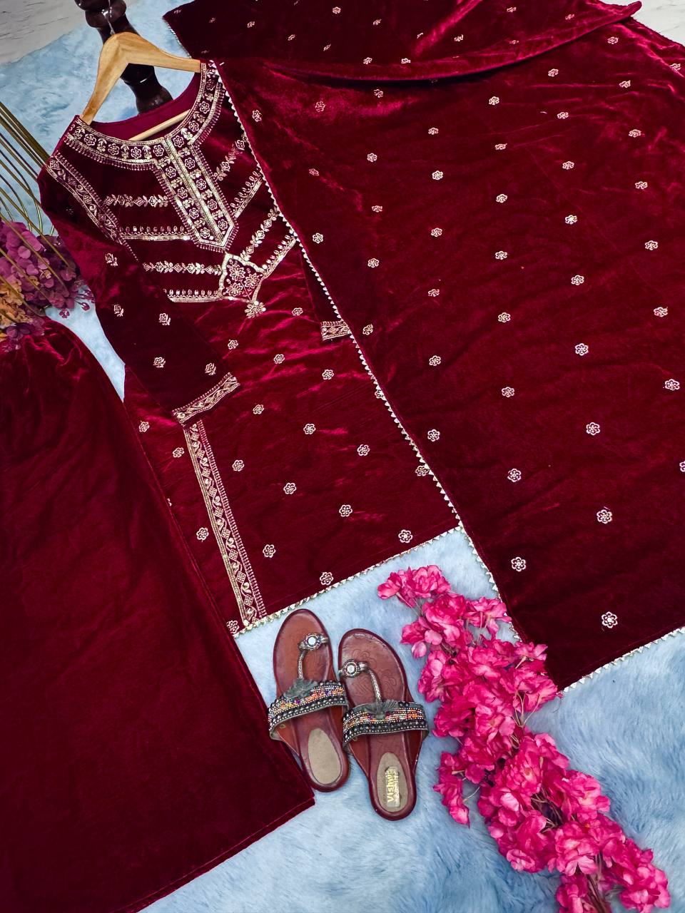 Maroon Premium Designer Readymade Top, Plazzo & Dupatta Set – Elegant Velvet Party Wear Collection