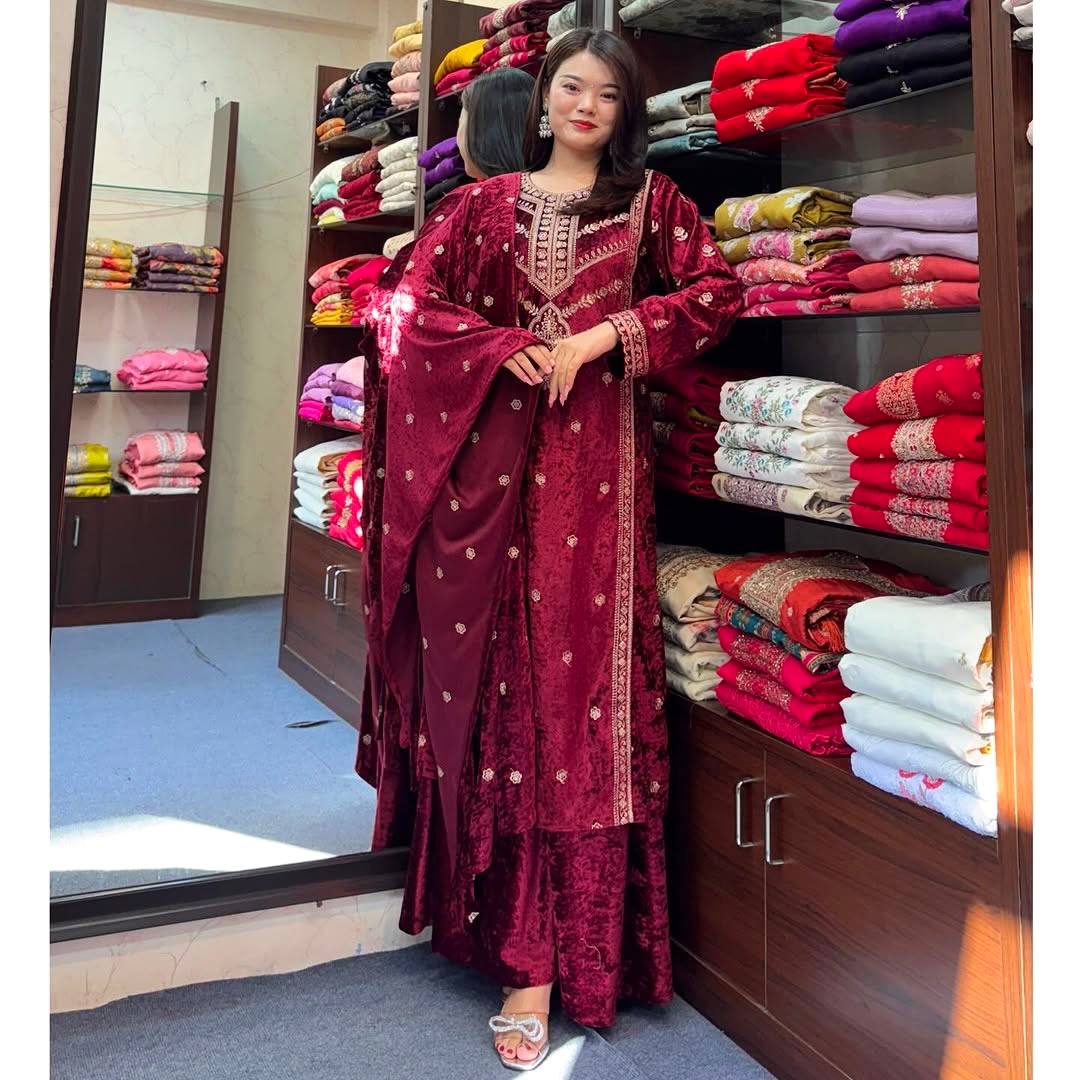 Maroon Premium Designer Readymade Top, Plazzo & Dupatta Set – Elegant Velvet Party Wear Collection