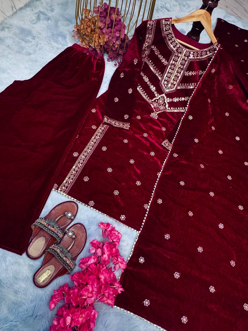Maroon Premium Designer Readymade Top, Plazzo & Dupatta Set – Elegant Velvet Party Wear Collection