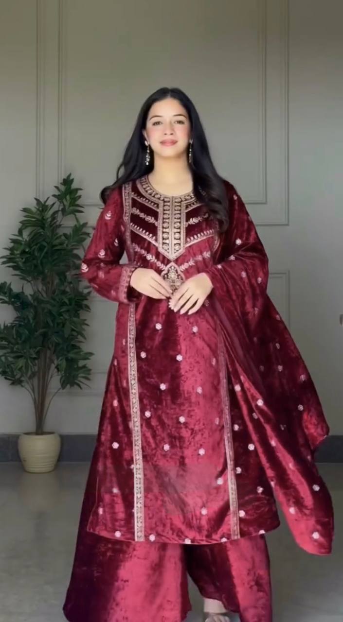 Maroon Premium Designer Readymade Top, Plazzo & Dupatta Set – Elegant Velvet Party Wear Collection