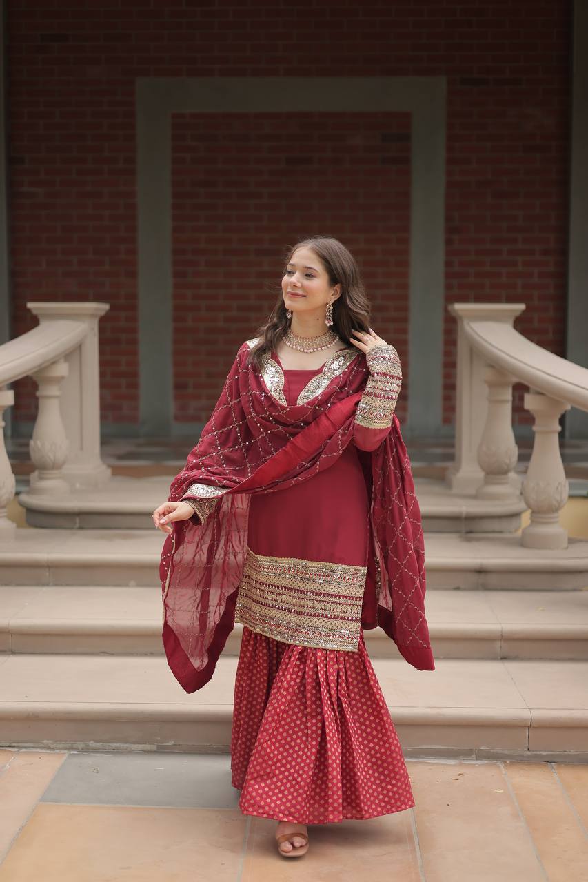 Maroon Premium Designer Readymade Top-Sharara-Dupatta Collection