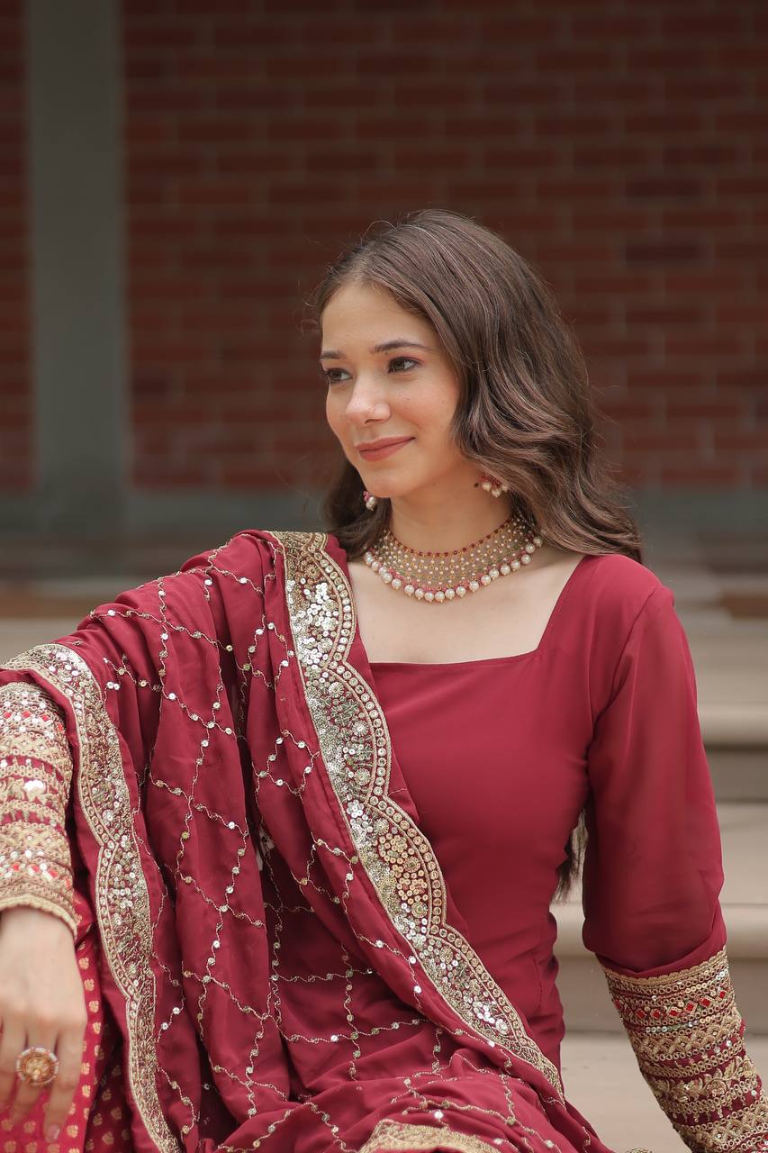 Maroon Premium Designer Readymade Top-Sharara-Dupatta Collection