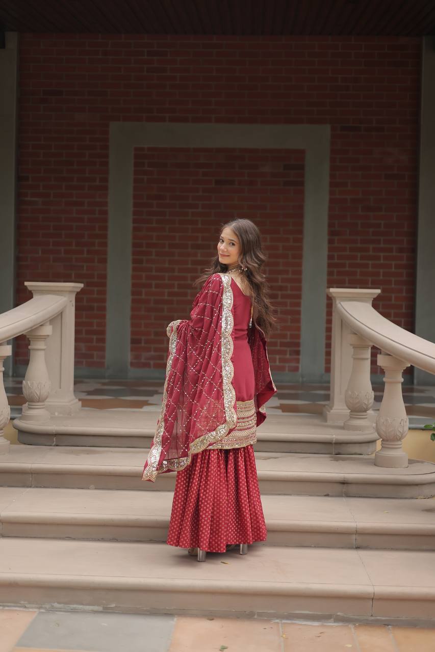 Maroon Premium Designer Readymade Top-Sharara-Dupatta Collection