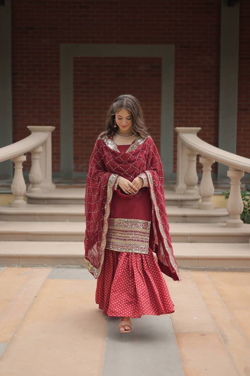 Maroon Premium Designer Readymade Top-Sharara-Dupatta Collection