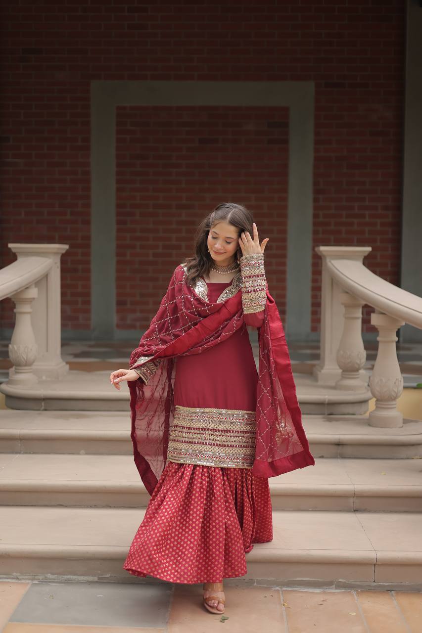 Maroon Premium Designer Readymade Top-Sharara-Dupatta Collection
