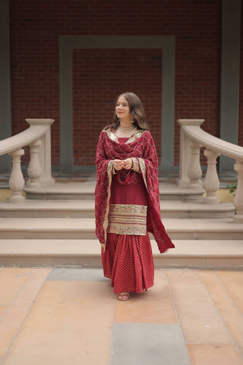 Maroon Premium Designer Readymade Top-Sharara-Dupatta Collection
