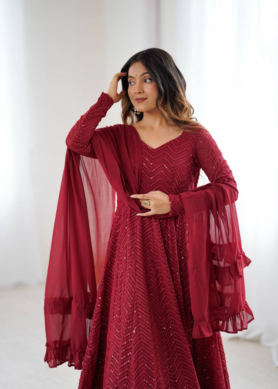 Maroon Premium Fox Georgette Lucknowi Sequence Work Anarkali Set