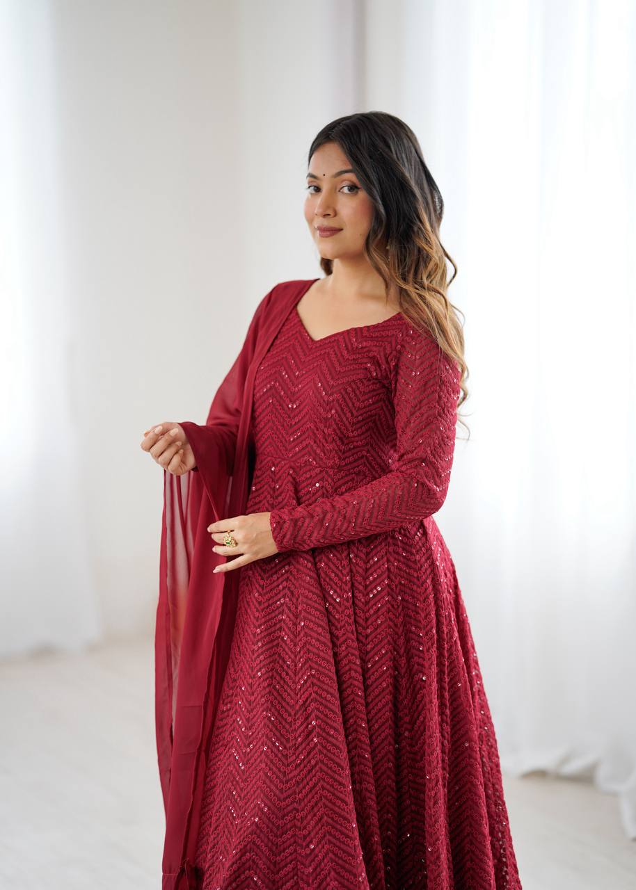 Maroon Premium Fox Georgette Lucknowi Sequence Work Anarkali Set