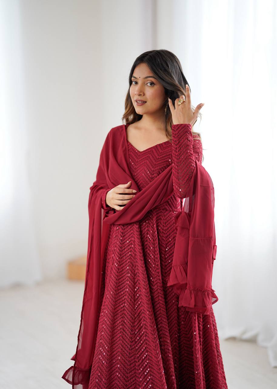 Maroon Premium Fox Georgette Lucknowi Sequence Work Anarkali Set