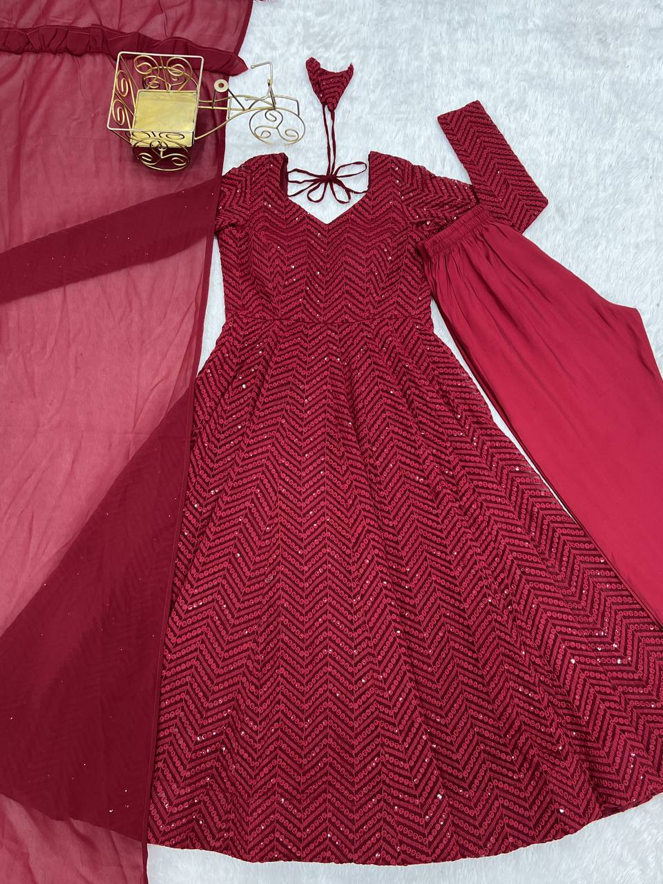 Maroon Premium Fox Georgette Lucknowi Sequence Work Anarkali Set
