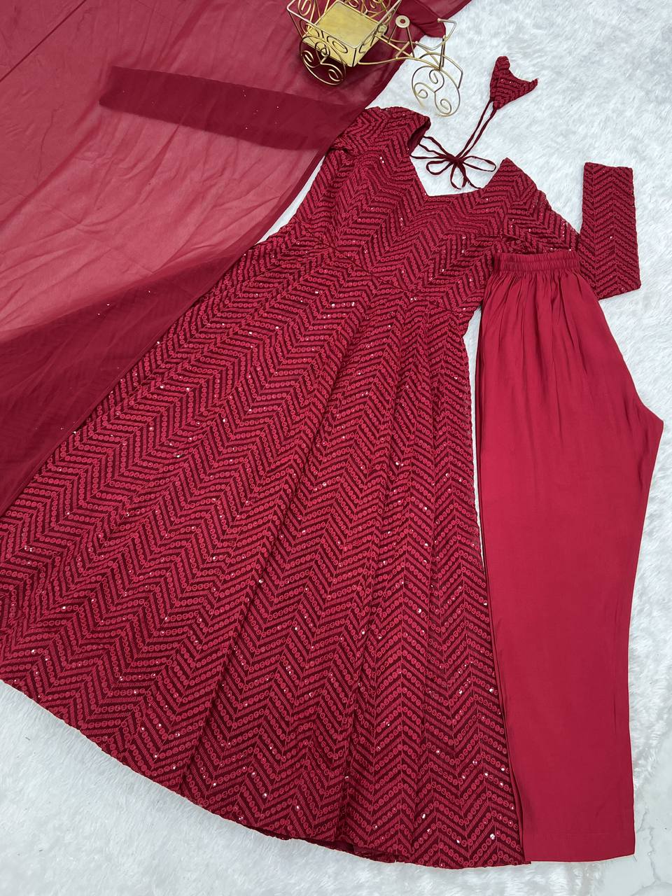 Maroon Premium Fox Georgette Lucknowi Sequence Work Anarkali Set