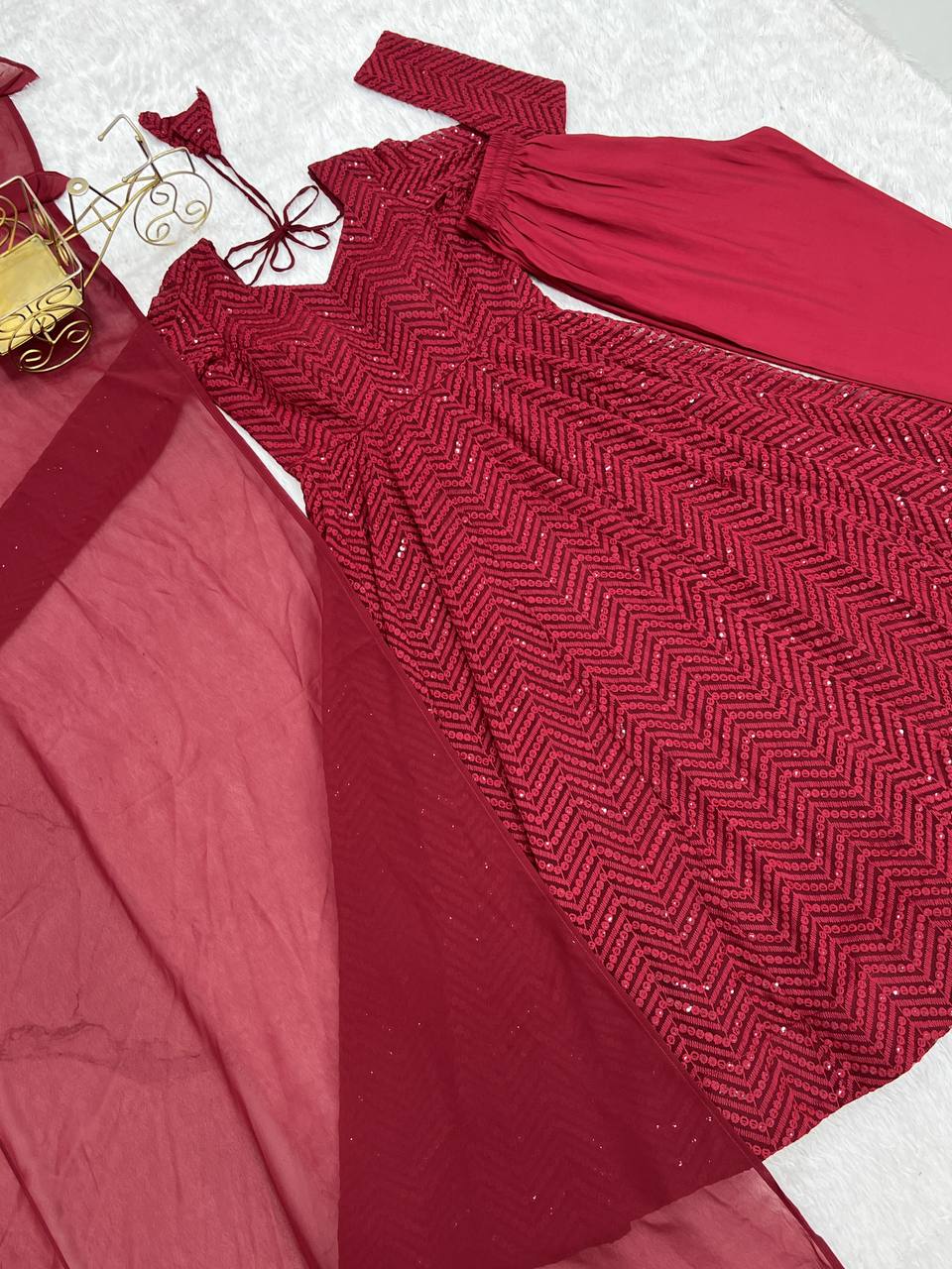Maroon Premium Fox Georgette Lucknowi Sequence Work Anarkali Set