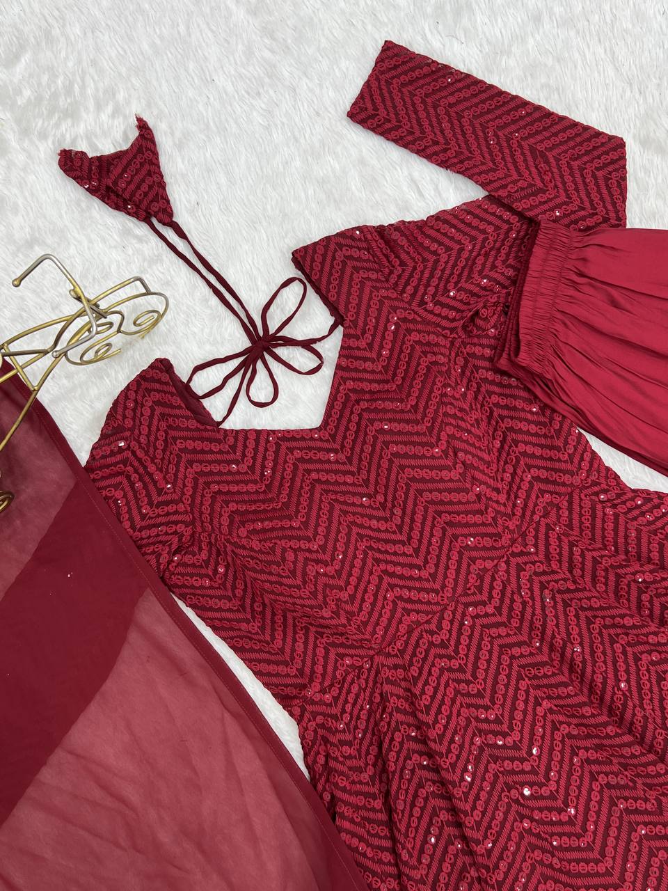 Maroon Premium Fox Georgette Lucknowi Sequence Work Anarkali Set