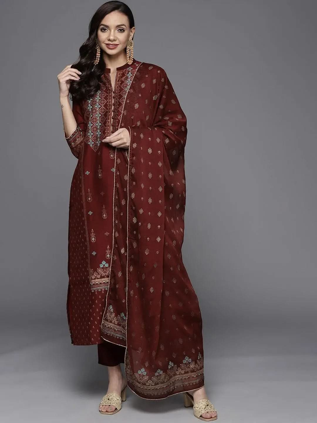 Libas Maroon Printed Chanderi Silk Straight Kurta With Dupatta