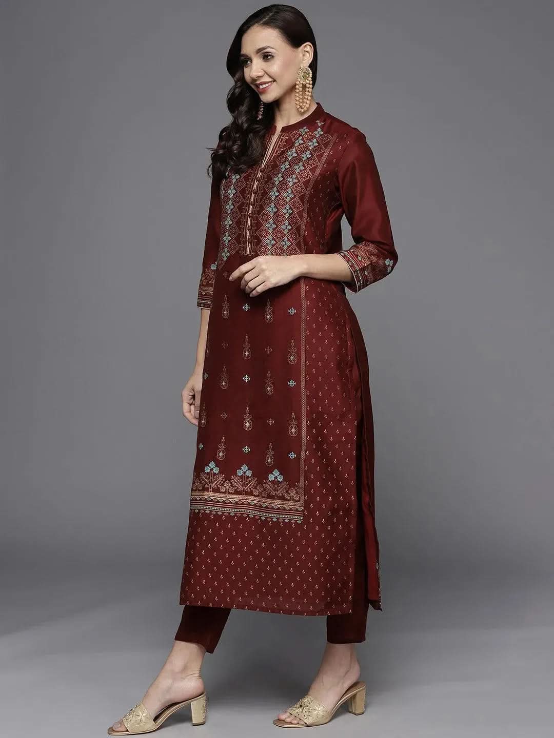 Libas Maroon Printed Chanderi Silk Straight Kurta With Dupatta