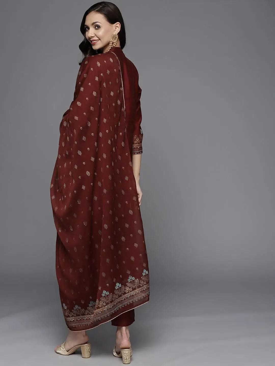 Libas Maroon Printed Chanderi Silk Straight Kurta With Dupatta