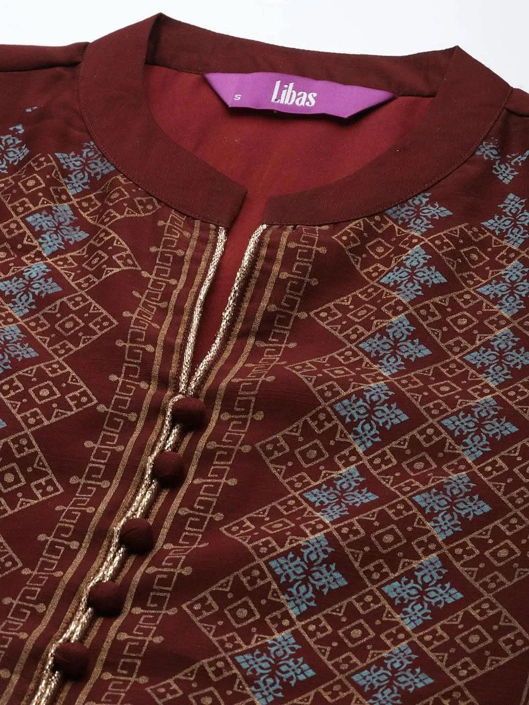 Libas Maroon Printed Chanderi Silk Straight Kurta With Dupatta