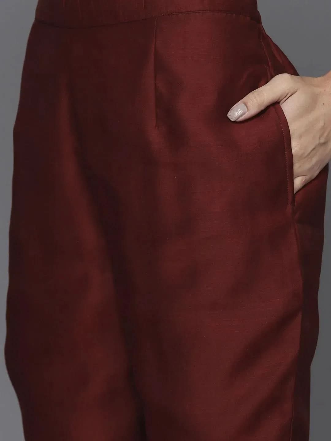Libas Maroon Printed Chanderi Silk Straight Kurta With Dupatta