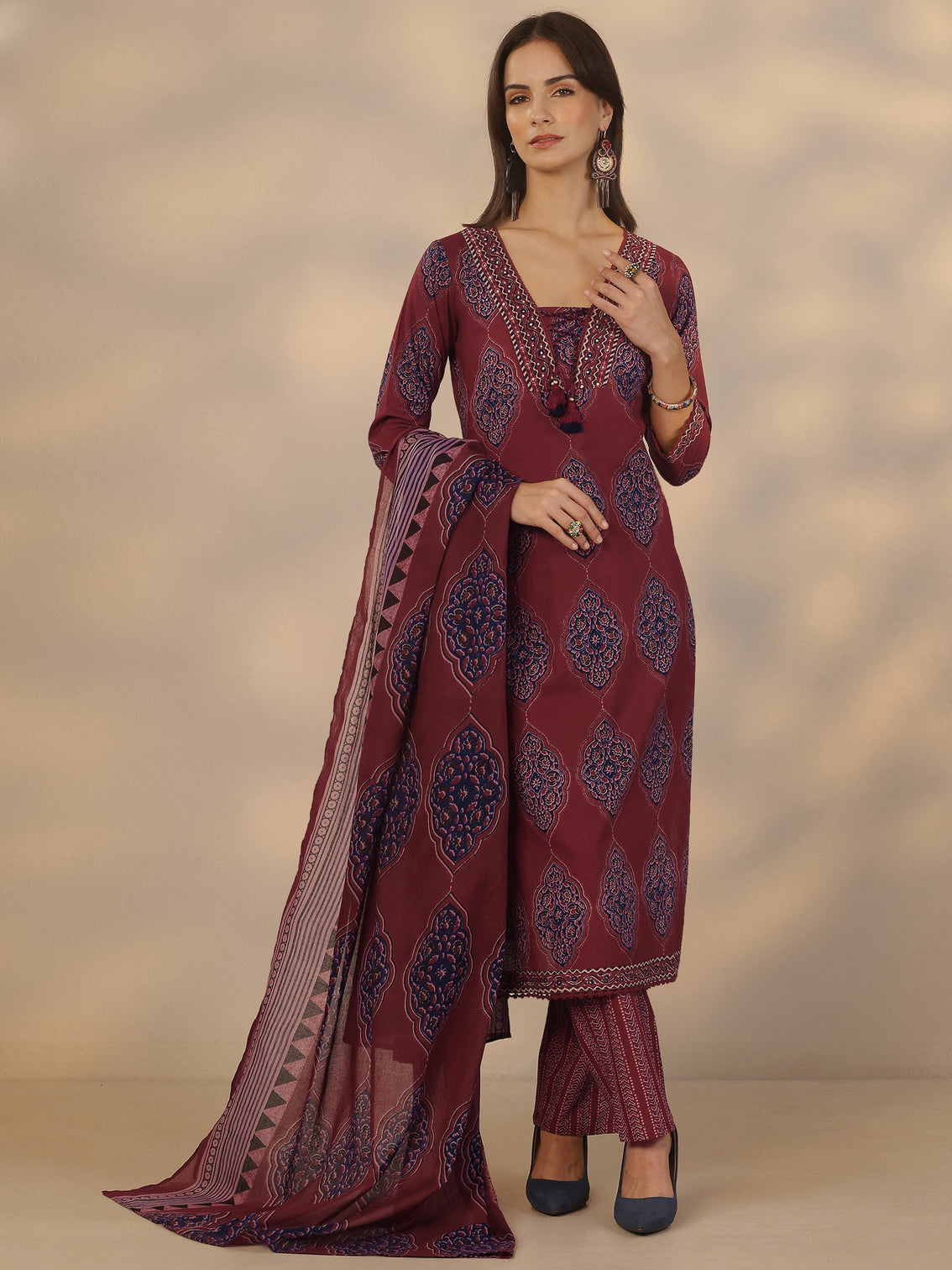 Mameraa Maroon Printed Cotton Straight Suit Set With Dupatta