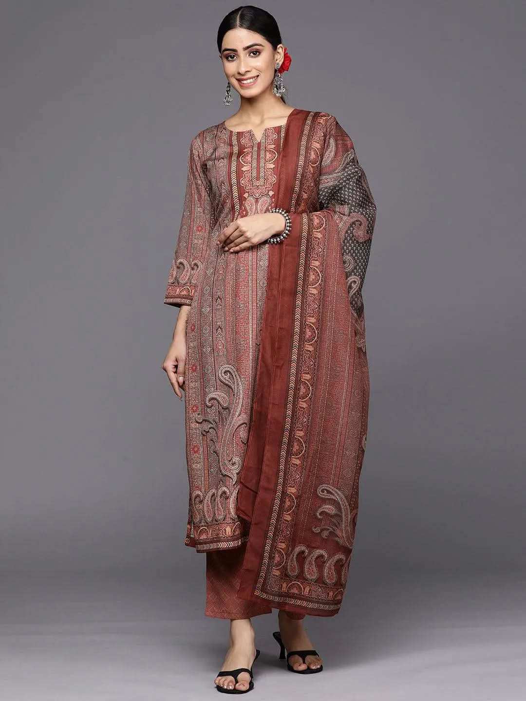 Libas Maroon Printed Crepe Straight Kurta With Trousers & Dupatta
