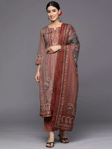 Libas Maroon Printed Crepe Straight Kurta With Trousers & Dupatta