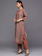 Libas Maroon Printed Crepe Straight Kurta With Trousers & Dupatta