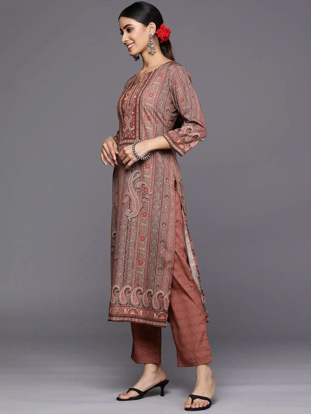 Libas Maroon Printed Crepe Straight Kurta With Trousers & Dupatta