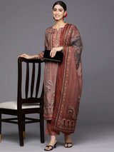 Libas Maroon Printed Crepe Straight Kurta With Trousers & Dupatta