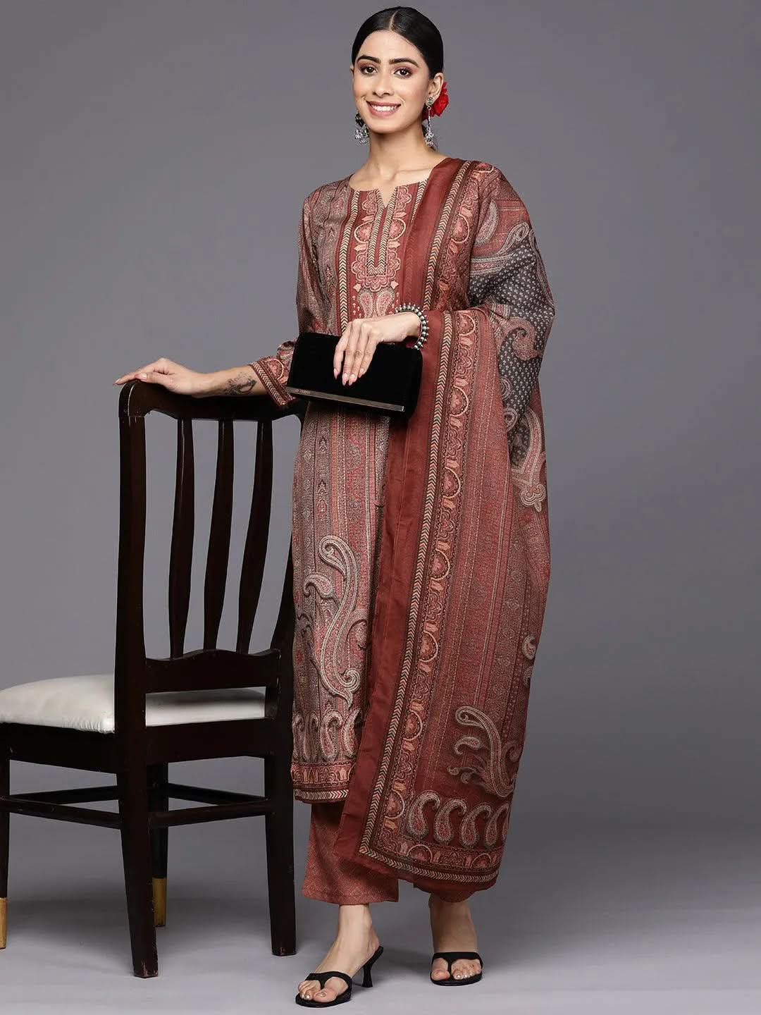 Libas Maroon Printed Crepe Straight Kurta With Trousers & Dupatta