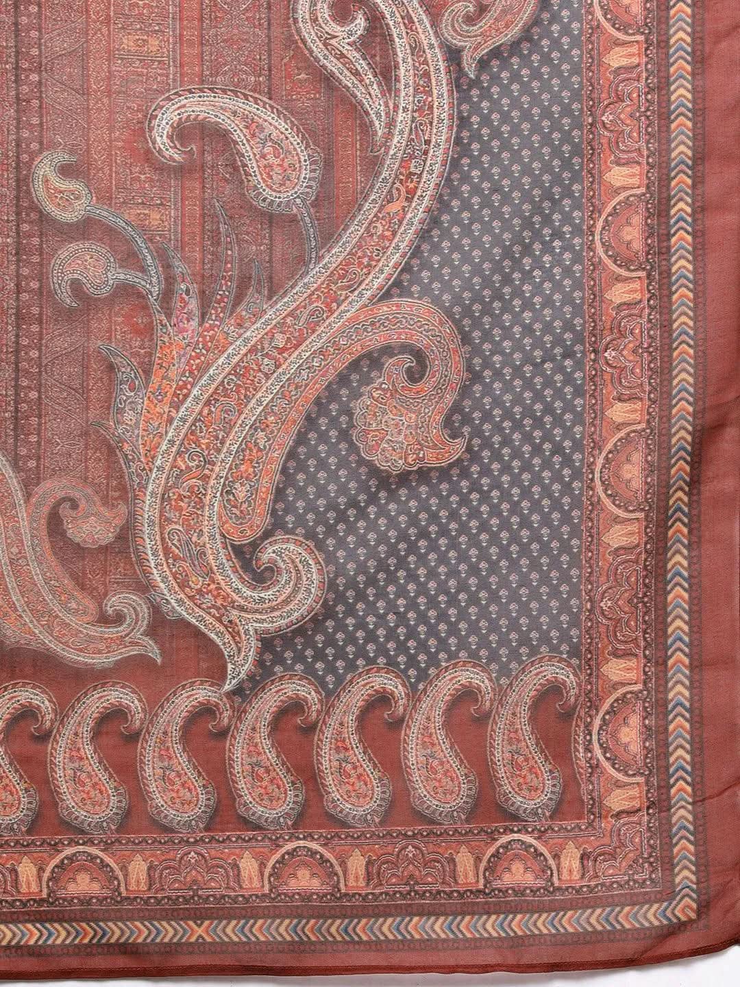 Libas Maroon Printed Crepe Straight Kurta With Trousers & Dupatta